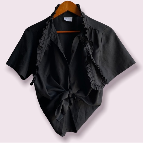 Tops - Vintage 90s Anne Rashel Blouse Button Down Top with Lapel Neck Tie, Black | 16